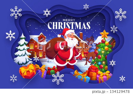 Merry Christmas and winter holidays paper cut greeting card with cartoon Santa character with gifts bag. 3d Vector Xmas seasonal scene with funny Father Noel pull a sack at night snowy town landscape 134129478