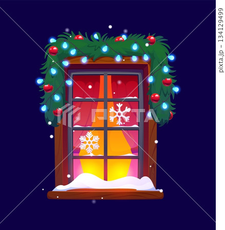 Christmas winter house window with snow and Xmas wreath decoration, cartoon vector. Festive winter holiday home exterior of window frame decorated with seasonal ornaments, Xmas lights and snowflakes 134129499