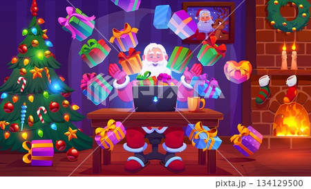 Cheerful Santa at computer laptop surrounded by flying Christmas presents, decorated Xmas tree and winter holiday fireplace. Vector Christmas house interior with Santa working on laptop and Xmas gifts Cheerful Santa at computer laptop surrounded by flying Christmas presents, decorated Xmas tree and winter holiday fireplace. Vector Christmas house interior with Santa working on laptop and Xmas gifts 134129500
