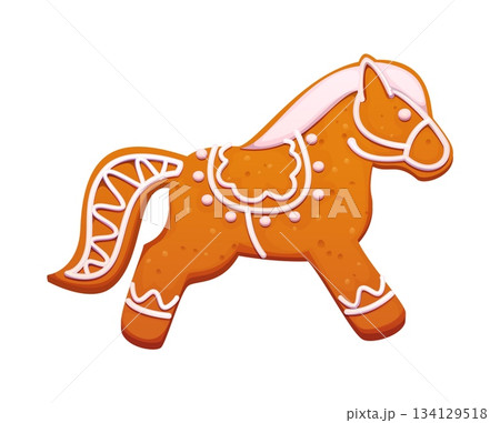 Christmas gingerbread cookie horse stallion for New Year traditional seasonal holiday baking biscuit. Cartoon vector horse or pony gingerbread cookie with icing decoration for Christmas pastry biscuit Christmas gingerbread cookie horse stallion for New Year traditional seasonal holiday baking biscuit. Cartoon vector horse or pony gingerbread cookie with icing decoration for Christmas pastry biscuit 134129518
