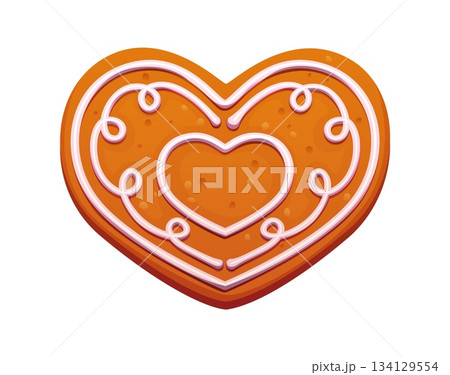 Cartoon Christmas gingerbread cookie heart or winter holiday biscuit, vector icon. Gingerbread cookie in heart shape with icing glaze or sweet frosting decoration for Christmas and New Year pastry 134129554