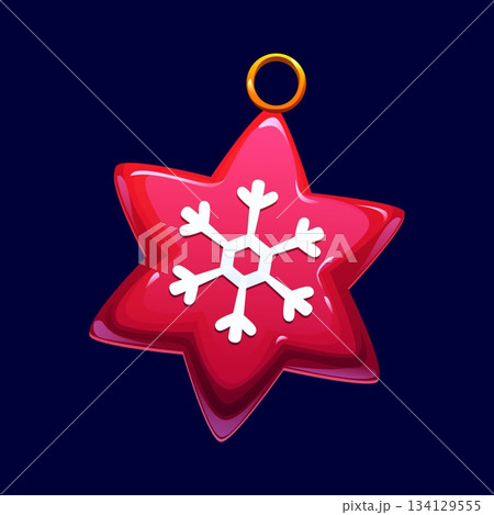Cartoon Christmas tree decoration of star with snowflake ornament, vector icon. Winter holiday retro decoration and Christmas tree toy bauble ornament of glossy red star for Xmas and New Year Cartoon Christmas tree decoration of star with snowflake ornament, vector icon. Winter holiday retro decoration and Christmas tree toy bauble ornament of glossy red star for Xmas and New Year 134129555