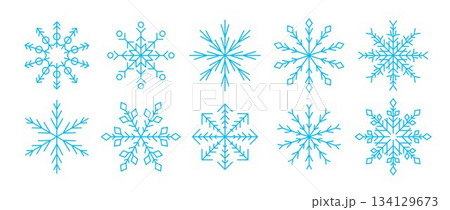 Blue linear snowflakes set. Simple snow flake icon collection for Christmas and Happy New Year decor, winter holiday decoration, greeting card design elements. Vector illustration bundle 134129673