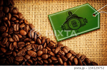 Green tag by coffee beans Green tag by coffee beans 134129752