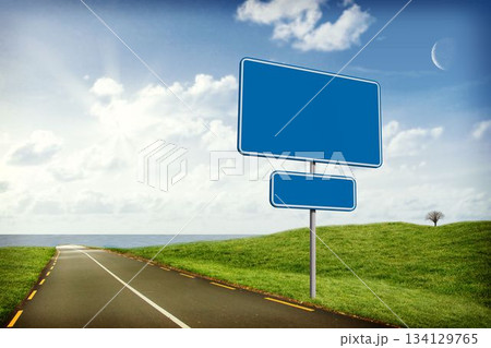 Flat design illustration is showing blank blue road sign on coastal road with leafless hilltop tree 134129765