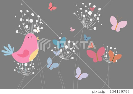 Pink bird with heart and dandelions Pink bird with heart and dandelions 134129795