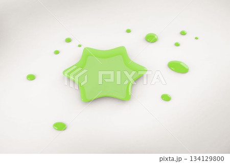 Showing glossy green star shaped liquid spreading on white table with droplets, minimal flat design 134129800