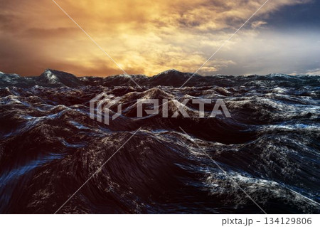 Flat design illustration showing rolling ocean waves under glowing sunrise sky with foam details Flat design illustration showing rolling ocean waves under glowing sunrise sky with foam details 134129806