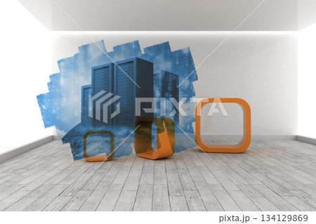 Abstract screen in room showing server towers 134129869
