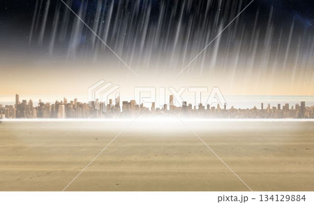 Flat design is showing plain, distant cityscape under bright horizon glow with meteor-like streaks 134129884