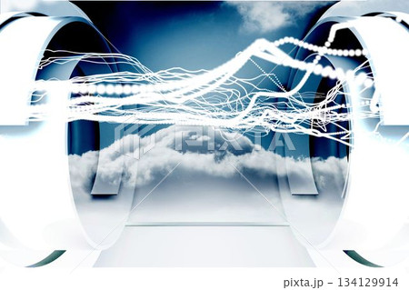 White lines with cloud design on a futuristic structure 134129914