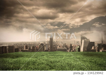 Digital composite of Stormy sky over city Digital composite of Stormy sky over city 134129942