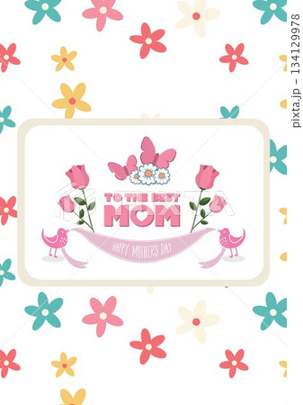 Flat design Mother's Day card is featuring beige border, roses, daisies, birds, butterflies, ribbon 134129978