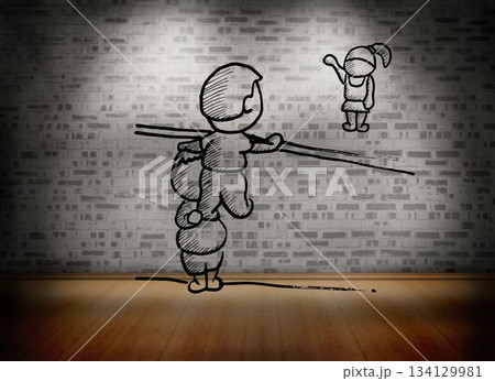 Graphic with children in empty grey room 134129981
