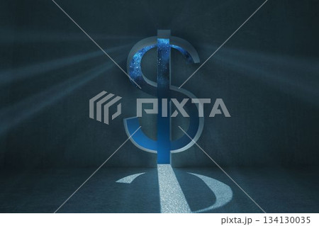 Metallic dollar sign standing in dim concrete chamber revealing starry sky and streaming blue light 134130035
