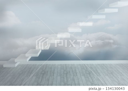 Floating white stair treads are rising diagonally over wooden floor in flat design with cloud mural Floating white stair treads are rising diagonally over wooden floor in flat design with cloud mural 134130043