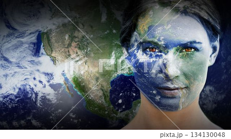 Woman is posing in digital illustration with half-face Earth map overlay and space backdrop Woman is posing in digital illustration with half-face Earth map overlay and space backdrop 134130048