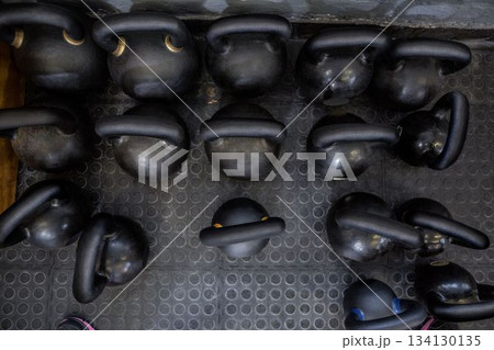 Overhead view of kettle bells Overhead view of kettle bells 134130135