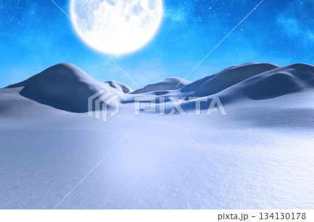 Full moon is illuminating rolling glowing snow dunes under starry flat design night sky 134130178