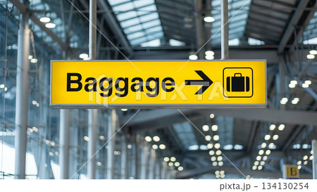 Bright yellow Baggage sign with suitcase icon hanging in modern airport terminal. 134130254