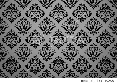Floral pattern. Seamless vector background. Vintage wallpaper in the Baroque style. Gray and black ornament for fabric, wallpaper, packaging. Ornate Damask flower illustration 134130290