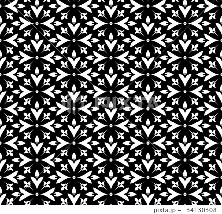 Flower geometric pattern. Seamless vector background. White and black ornament. Ornament for fabric, wallpaper, packaging. Decorative print. Flower geometric pattern. Seamless vector background. White and black ornament. Ornament for fabric, wallpaper, packaging. Decorative print. 134130308