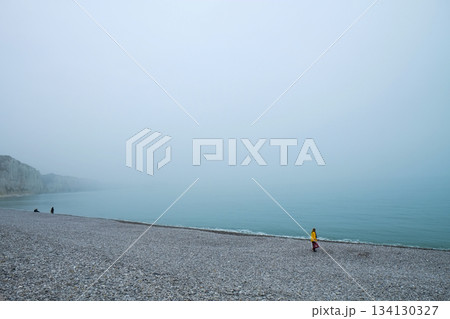 A Misty Beach Day featuring a Solitary Figure standing on a beautiful Pebbled Shoreline A Misty Beach Day featuring a Solitary Figure standing on a beautiful Pebbled Shoreline 134130327