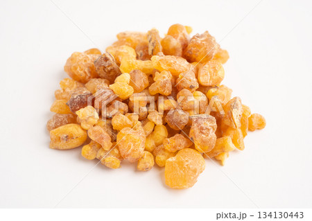 Frankincense or olibanum aromatic resin isolated on white background used in incense and perfumes. 134130443