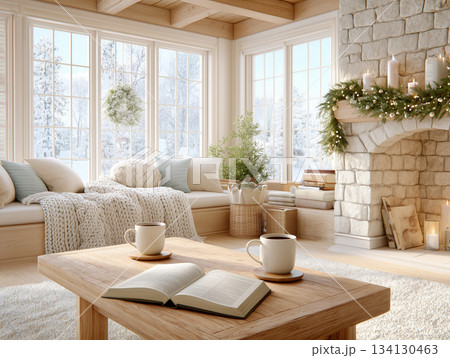 静寂を感じる冬の室内描写｜ナチュラル雑貨と暖炉が演出するコージー空間 134130463