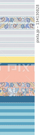 Assorted floral geometric and heart pattern panel designs in soft pastel colors 134130828