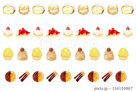 手描き水彩スイーツ装飾ラインセット – シュークリーム・ロールケーキ・いちごショート・いちごタルト・ 134130967