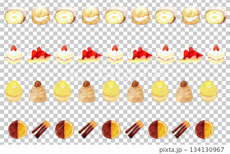 手描き水彩スイーツ装飾ラインセット – シュークリーム・ロールケーキ・いちごショート・いちごタルト・ 134130967