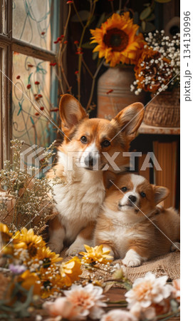 corgi mother and puppy with flowers warm family love corgi mother and puppy with flowers warm family love 134130996