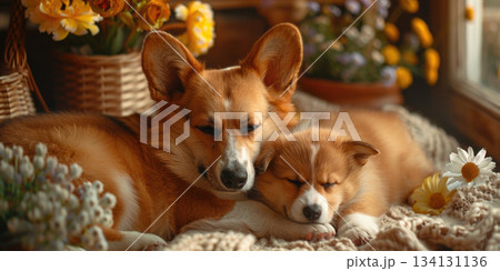 corgi mother and puppy with flowers warm family love corgi mother and puppy with flowers warm family love 134131136