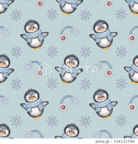Seamless pattern Cute penguins collection in winter Hand drawn watercolor illustration 134131590