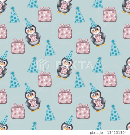 Seamless pattern Cute penguins collection in winter Hand drawn watercolor illustration 134131594