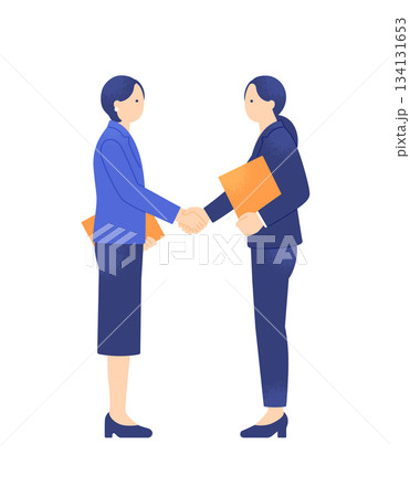商談が成立したシーン 握手で契約を交わす2人のビジネスウーマン ベクターイラスト素材 134131653