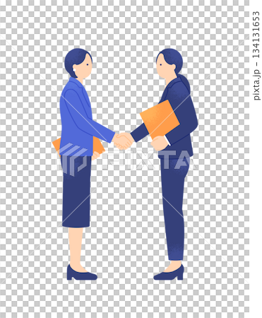 A scene where a business deal is concluded. Two businesswomen shaking hands to exchange contracts. Vector illustration material 134131653