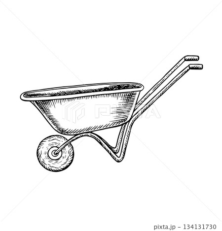 Garden or construction wheelbarrow. Black and white vector illustration drawn by hand. Concept of an agricultural tool. Element of banner, label, postcard, and more design. 134131730