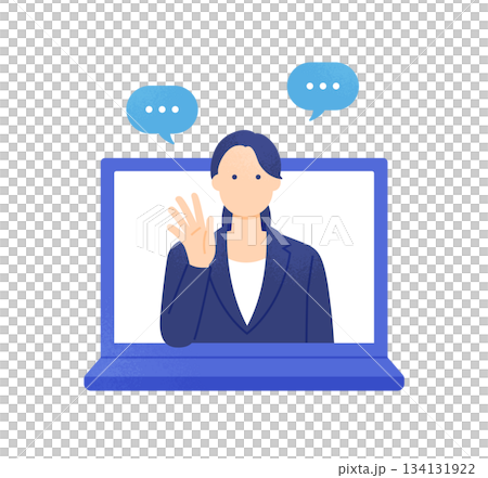 一位商務人士正在網路上招呼客戶。一位女士透過電腦螢幕提供指導。諮詢回覆範例。 134131922