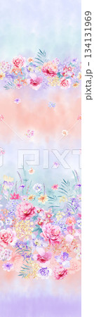Assorted floral geometric and heart pattern panel designs in soft pastel colors 134131969