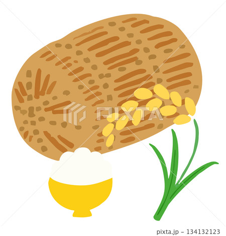 主線なし食材のイラスト_米俵と稲穂と白米 主線なし食材のイラスト_米俵と稲穂と白米 134132123