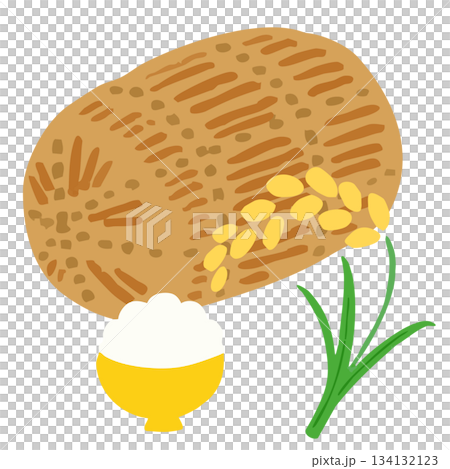 Illustration of ingredients without main lines_rice sack, rice ears and white rice 134132123