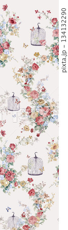 Assorted floral geometric and heart pattern panel designs in soft pastel colors 134132290