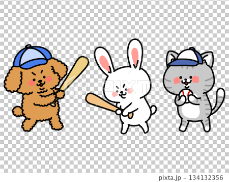 Let's play baseball! A trio of dogs, cats and rabbits who want to play baseball 134132356
