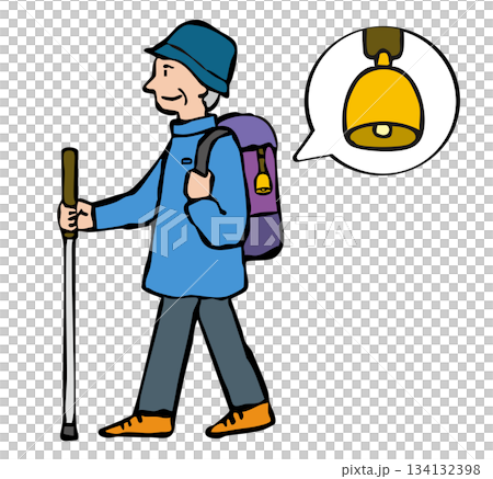 熊よけの鈴をつけて山登りをする男性(シニア) 熊よけの鈴をつけて山登りをする男性(シニア) 134132398