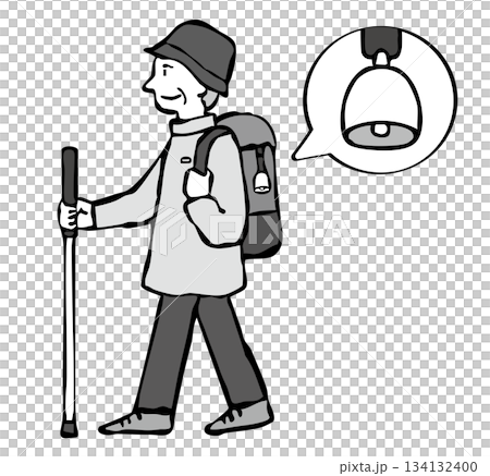 Monochrome: Senior man hiking a mountain wearing a bear bell Monochrome: Senior man hiking a mountain wearing a bear bell 134132400