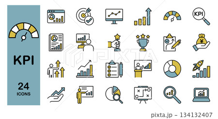 ビジネスKPI・進捗管理に関するラインアイコンセット　カラー 134132407