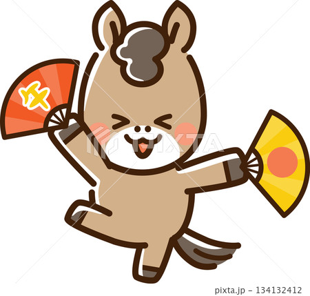 扇子を持ってはしゃぐ馬 134132412