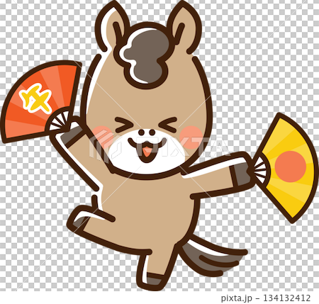 扇子を持ってはしゃぐ馬 134132412